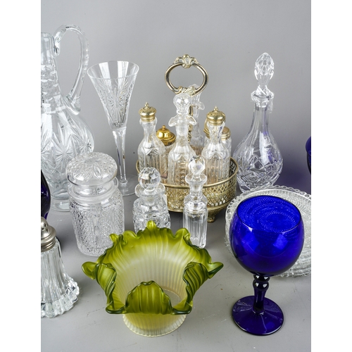 407 - A collection of glassware to include decanters, candlesticks, blue glass brandy glass, cruet set wit... 