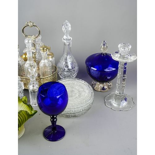 407 - A collection of glassware to include decanters, candlesticks, blue glass brandy glass, cruet set wit... 