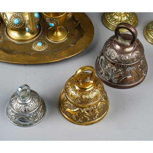 408 - A collection of brass and copperware to include: Middle Eastern tea set with pair of cups, kettle an... 