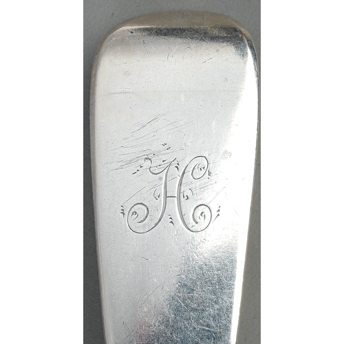 411 - A Victorian silver fiddle pattern table spoon, engraved with initials, hallmarked HH, London, 1867, ... 