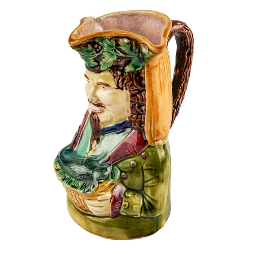 426 - Majolica jug in for of a man holding a game dish with a rabbit on it, approx. 20 cm tall