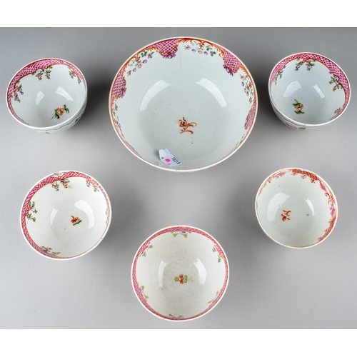 442 - A Chinese Export style famille rose bowl together with five matched tea bowls, all with scale interi... 