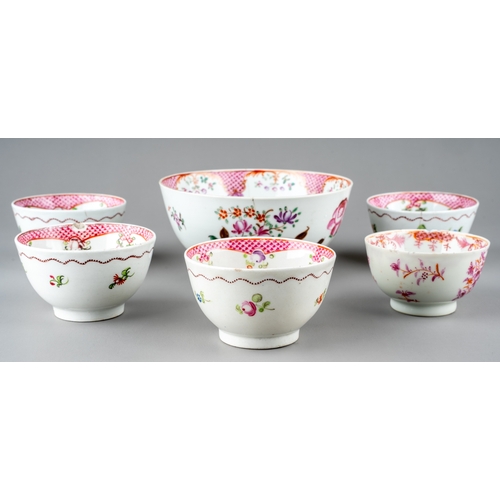 442 - A Chinese Export style famille rose bowl together with five matched tea bowls, all with scale interi... 