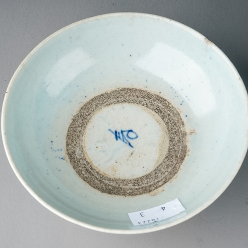 448 - A Chinese earthenware blue and white dish, wo ducks and bowl, 12cm diam (hairline crack) together wi... 