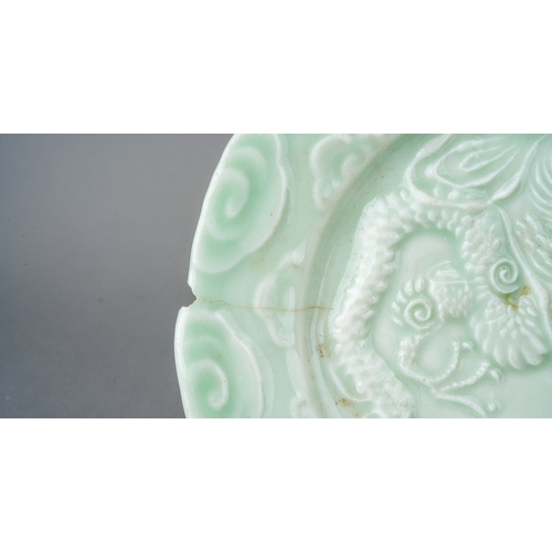 457 - Two 19th Century Chinese celadon dragon plates, approx 16cm diam (2)