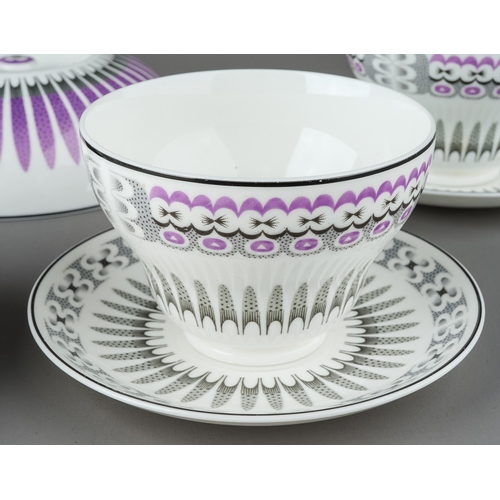 458 - A Wedgwood part set, designed by Edward Bowden for the Orient Line, purple and black foliate detail ... 