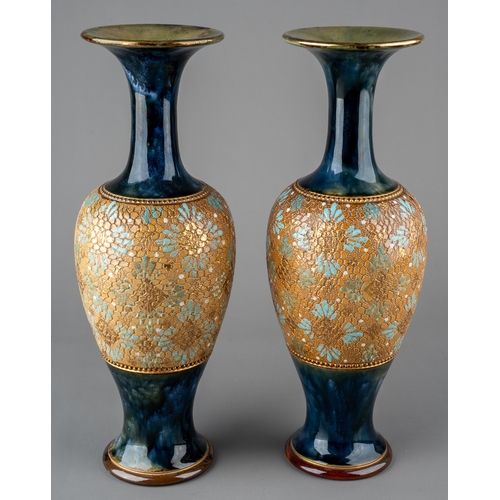 468 - A pair of late Victorian Royal Doulton Slater's patent vases, blue ground with a band of mottled flo... 