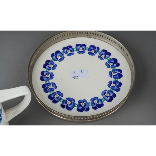 477 - An early 20th Century German Wächtersbach Blue Pansy chrome mounted ceramic breakfast set, to includ... 