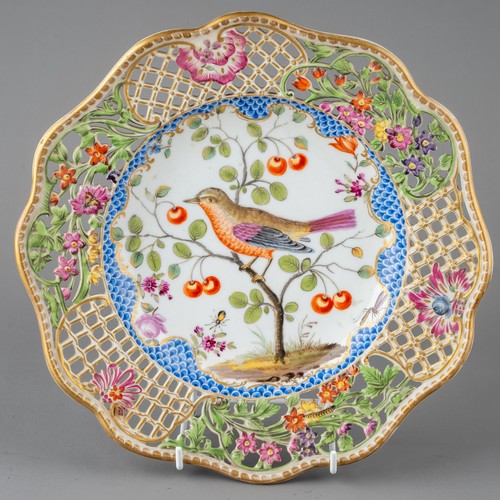 482 - A 19th century Meissen reticulated plate, hand painted with a bird sat upon a cherry tree, reticulat... 