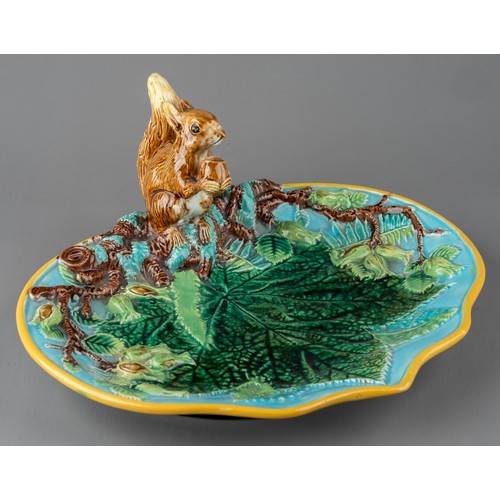 483 - A 19th Century George Jones Majolica squirrel nut dish, impressed diamond registration mark to the b... 