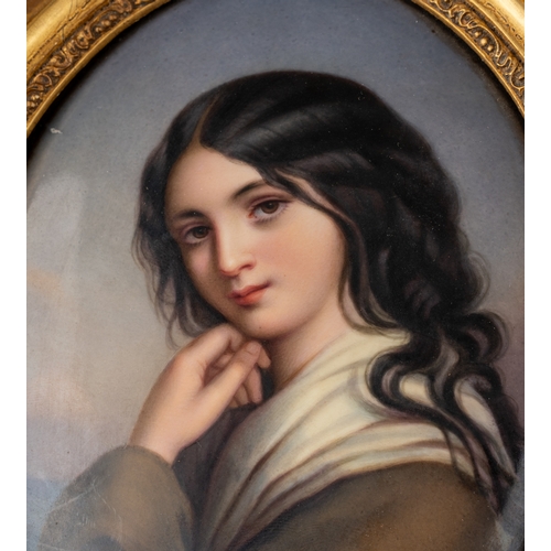 484 - A 19th century hand painted KPM Berlin porcelain plaque in original gilt frame, depicting a pensive ... 