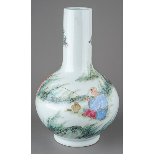 489 - A Chinese porcelain globular vase, hand painted with scenes of elders fishing with attendants.  Four... 