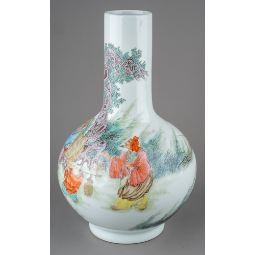 489 - A Chinese porcelain globular vase, hand painted with scenes of elders fishing with attendants.  Four... 