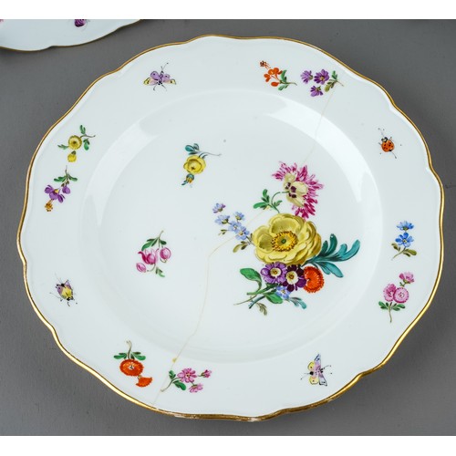 499 - A set of five early 20th Century Meissen side plates, decorated with insects and floral bouquets and... 