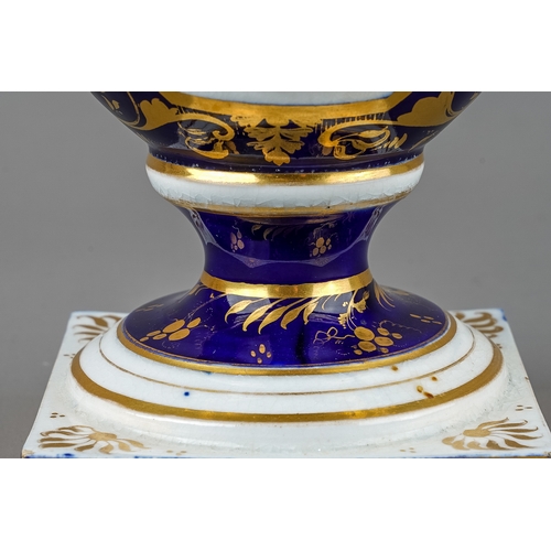 500 - A 19th Century Derby two handled vase, cobalt blue ground with gilt foliate decoration, the body wit... 