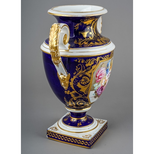 500 - A 19th Century Derby two handled vase, cobalt blue ground with gilt foliate decoration, the body wit... 