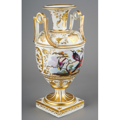 501 - An early 19th Century Derby twin handled baluster vase, circa 1825m the body painted with birds perc... 