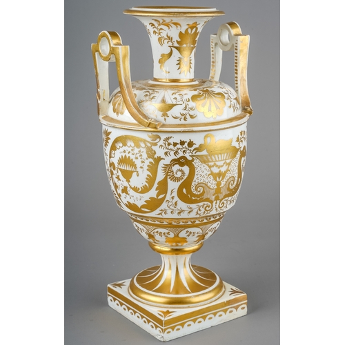 501 - An early 19th Century Derby twin handled baluster vase, circa 1825m the body painted with birds perc... 