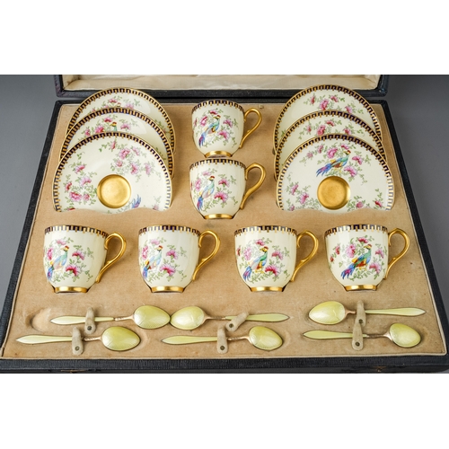 512 - A set of six Royal Worcester Chinoiserie coffee cups and saucers, on ivory ground decorated with a p... 