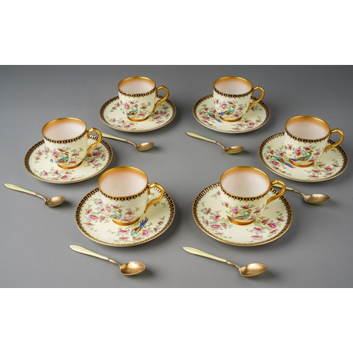 512 - A set of six Royal Worcester Chinoiserie coffee cups and saucers, on ivory ground decorated with a p... 