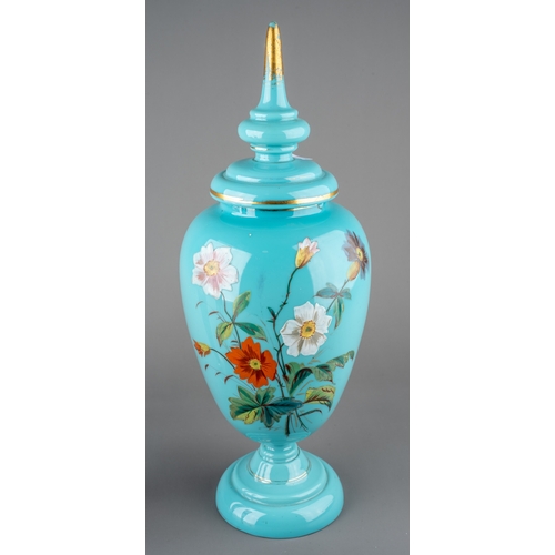 525 - A large Victorian turquoise opaline glass vase and cover, painted with flowers, domed cover, gilt he... 