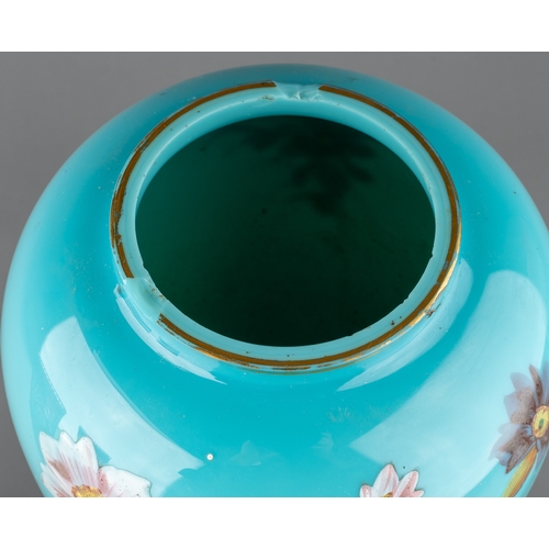 525 - A large Victorian turquoise opaline glass vase and cover, painted with flowers, domed cover, gilt he... 