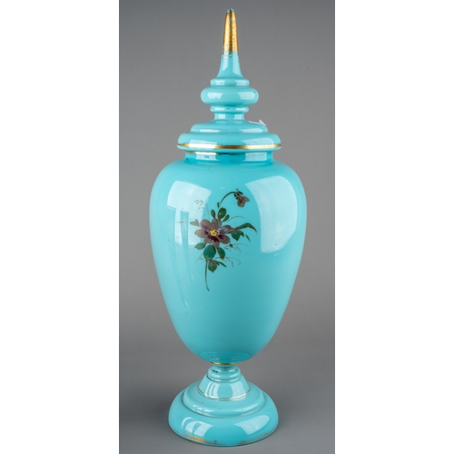 525 - A large Victorian turquoise opaline glass vase and cover, painted with flowers, domed cover, gilt he... 