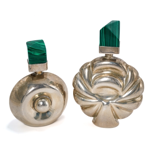 545 - Two vintage Mexican silver and malachite scent bottles, approx 10cm and 8.5cm high, both stamped '92... 