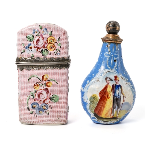 548 - A Bilston enamel double scent bottle case c.1770-80, painted with colourful flowers on a pink ground... 