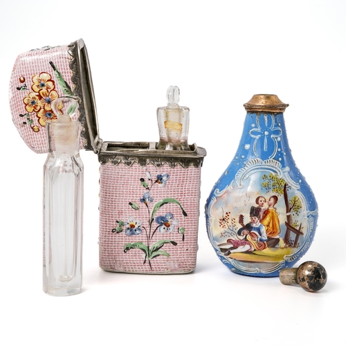 548 - A Bilston enamel double scent bottle case c.1770-80, painted with colourful flowers on a pink ground... 