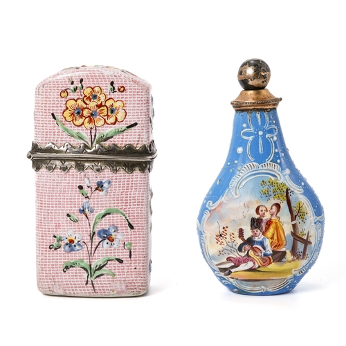 548 - A Bilston enamel double scent bottle case c.1770-80, painted with colourful flowers on a pink ground... 