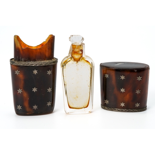 549 - A Georgian tortoiseshell pique work miniature scent bottle case, the slightly tapered rectangular ca... 