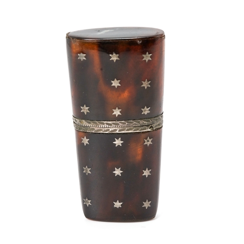 549 - A Georgian tortoiseshell pique work miniature scent bottle case, the slightly tapered rectangular ca... 