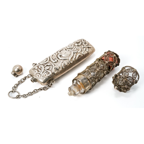 556 - A silver Victorian scent bottle, for a chatelaine, approx 9cm long; three silver mounted glass scent... 