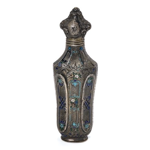 557 - A continental silver and enamel scent bottle, foliate enamel detail, approx 10cm high