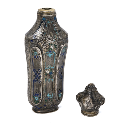 557 - A continental silver and enamel scent bottle, foliate enamel detail, approx 10cm high