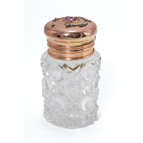 560 - A 9ct rose gold and cut glass scent bottle, the hinged cover set with rose cut diamonds and cabochon... 