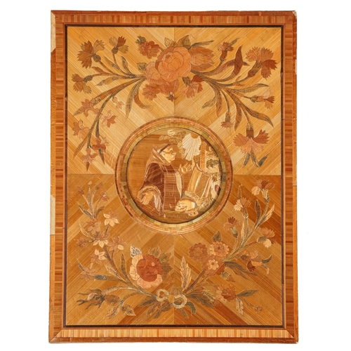 581 - A Napoleonic straw work panel of a religious scene surrounded by Foliage scrolls, approx. 23x17 cm