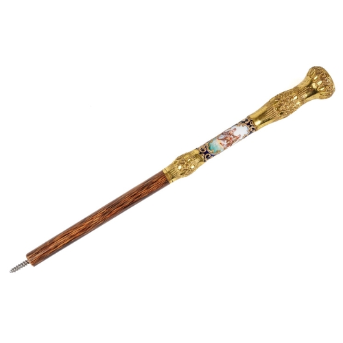 583 - Continental parasol handle, gilt metal mounts with porcelain insert decorated with courting couples ... 