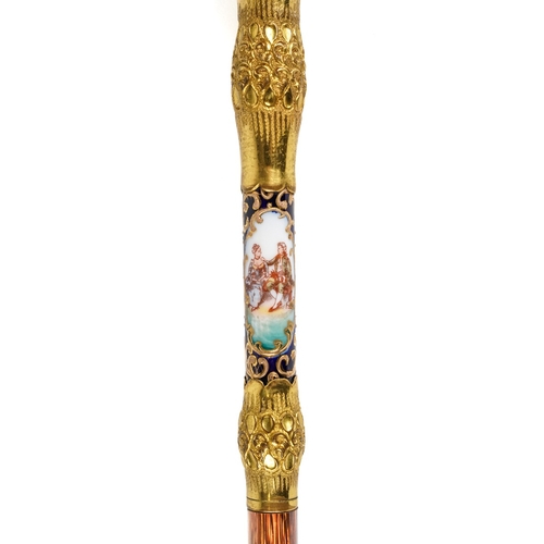 583 - Continental parasol handle, gilt metal mounts with porcelain insert decorated with courting couples ... 