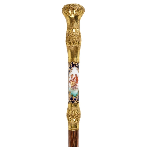 583 - Continental parasol handle, gilt metal mounts with porcelain insert decorated with courting couples ... 