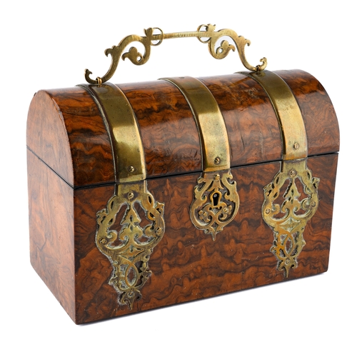 587 - A late 19th Century brass bound burr walnut veneered letter casket, opening to reveal fitted interio... 