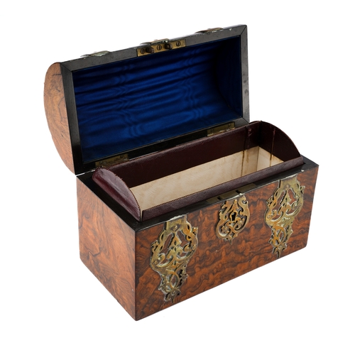 587 - A late 19th Century brass bound burr walnut veneered letter casket, opening to reveal fitted interio... 