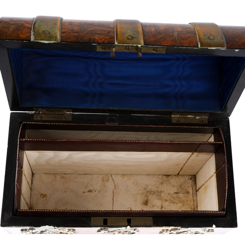 587 - A late 19th Century brass bound burr walnut veneered letter casket, opening to reveal fitted interio... 