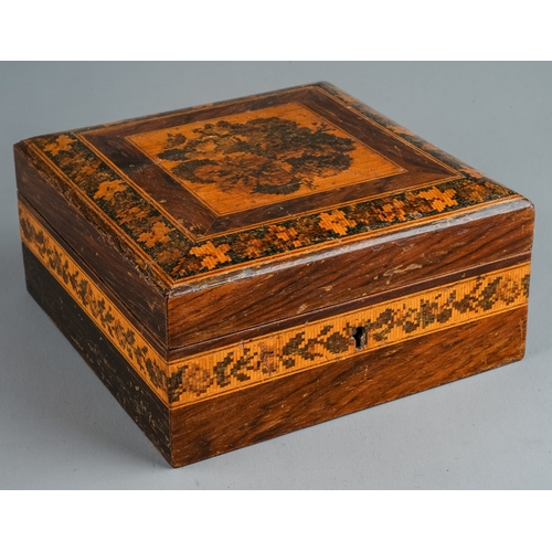 588 - A Tunbridge ware box with floral mosaic to cover and floral mosaic banding to body, approx 15 x 15cm