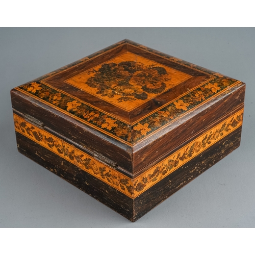 588 - A Tunbridge ware box with floral mosaic to cover and floral mosaic banding to body, approx 15 x 15cm