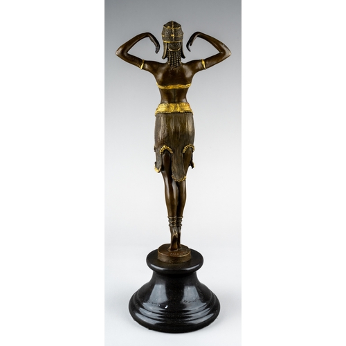 592 - An Art Deco style bronze figure of an exotic dancer, bearing signature D H Chipavus, on marble socle... 