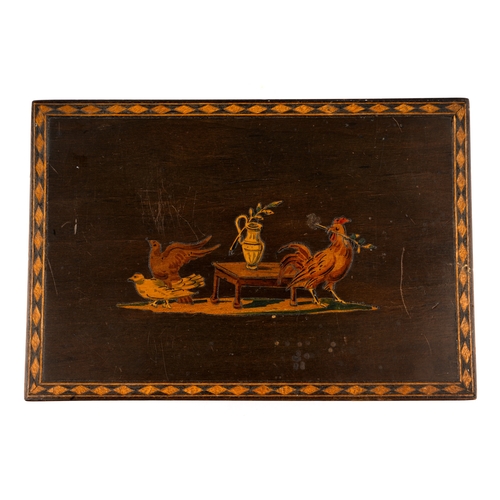 600 - An Italian vari-wood inlaid box, the cover with cockerels and fowl by a table within diamond banding... 