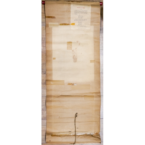 608 - Rare Japanese scroll with calligraphy and woodblock of Tenkai, circa 18th Century, approx 120x45cm