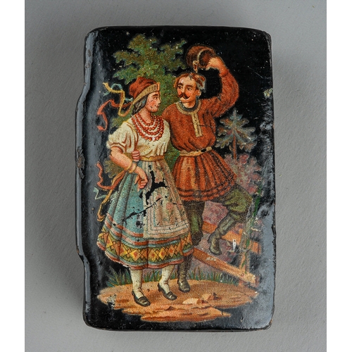 611 - An early 19th century Russian papiermache box, the hinged cover painted with a courting couple, appr... 